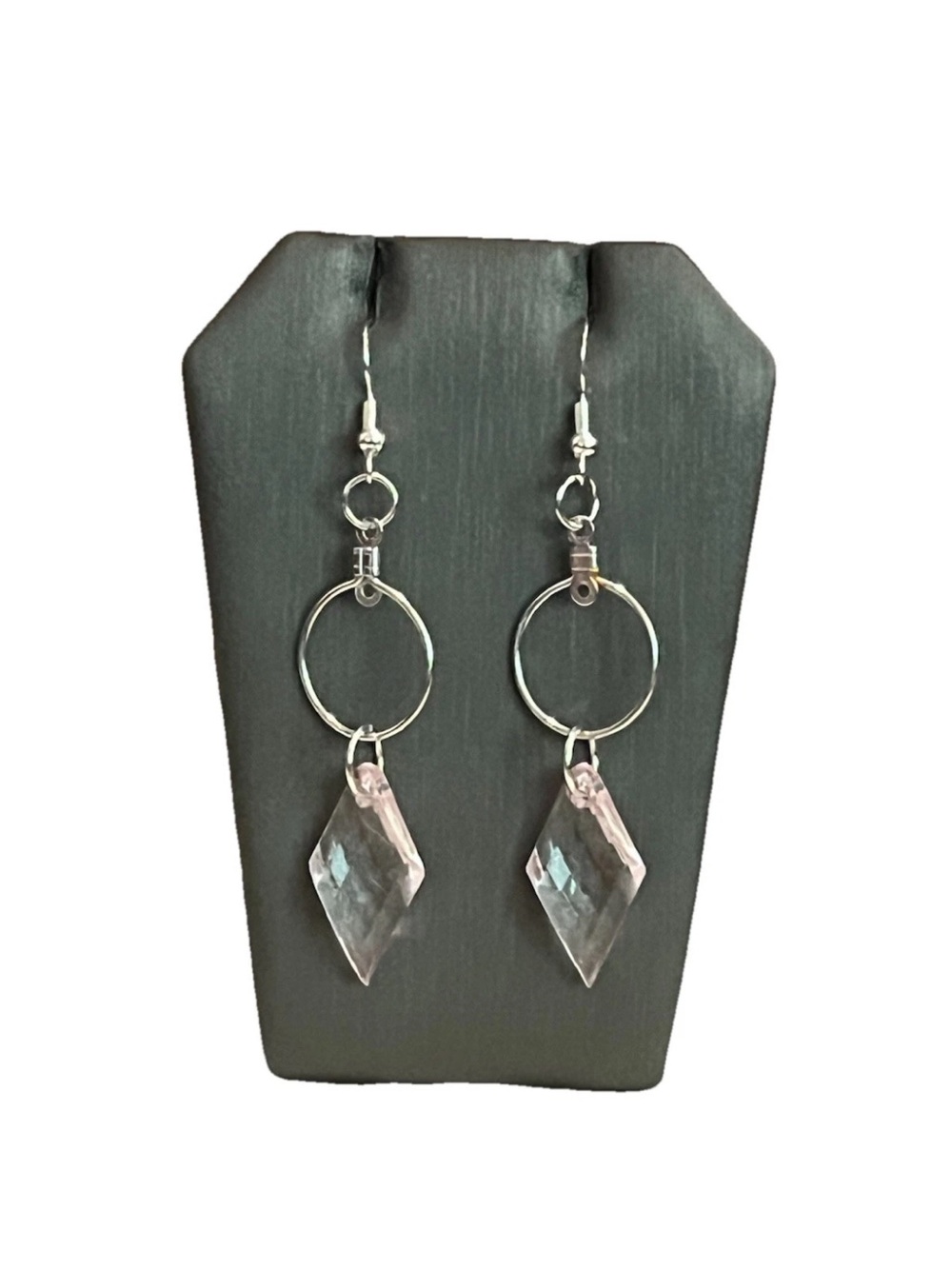 Light Pink Faceted Bead Hoop Drop Earrings Silver Tone Hook Geometric Charm